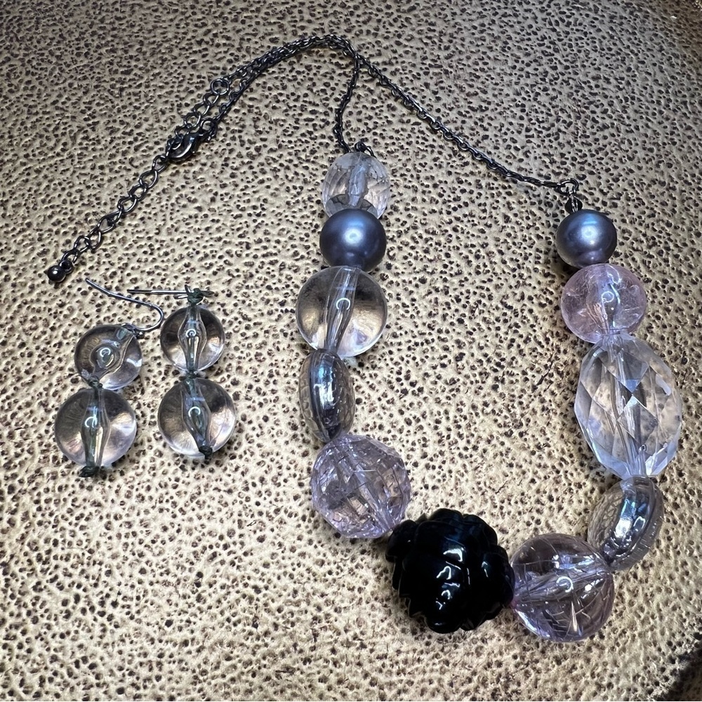Statement Bead Necklace & Earring Set Clear Pink Gray Black Mixed Beads - Picture 5 of 5
